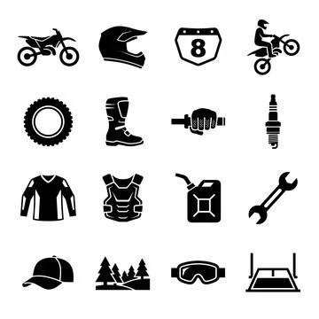 Black motocross icon set featuring dirt bike, helmet, boots, gear, wrench, .. Ilustração Stock