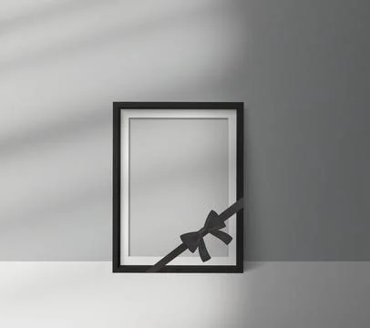 Black mourning frame with ribbon bow standing on the floor, realistic memorial Stock Illustration