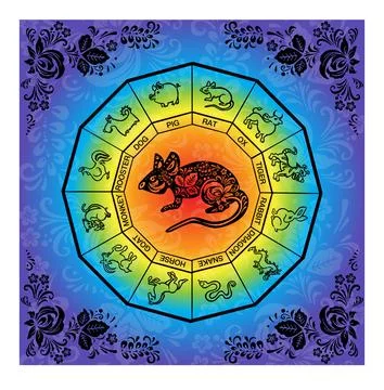 Black mouse, rat with flower rainbow painting, vector Illustrazione stock