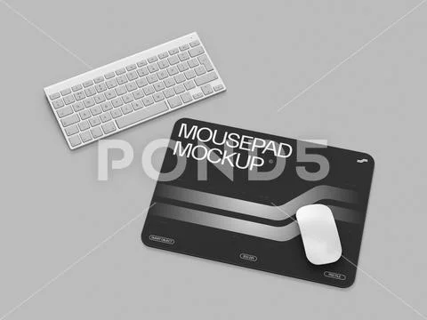 Black Mousepad Mockup with White Mouse and Keyboard on a Gray Background PSD Template