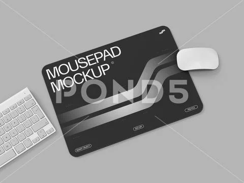 Black Mousepad Mockup with White Mouse and Keyboard on a Gray Background PSD Template