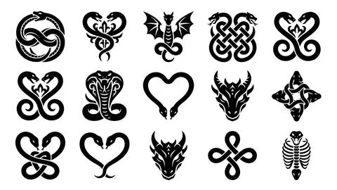 Black mythical creature and knotwork vector icon set representing ancient s.. Illustrazione stock