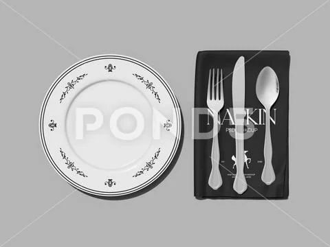 Black Napkin Mockup with Cutlery and White Ceramic Plate on Gray Background PSD Template