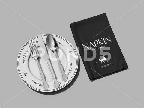 Black Napkin Mockup with Silver Cutlery on White Ceramic Plate PSD Template