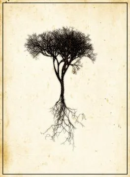Black naturalistic bare tree with root system  - halftone  vintage   poster Stock Illustration
