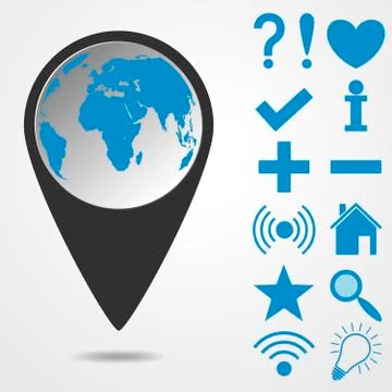 Black navigation marker with set of signs - vector illustration. Stock Illustration