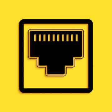 Black Network port - cable socket icon isolated on yellow background. LAN port 库存插图
