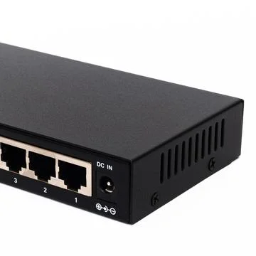 Black network switch with ports and dc input Stock Photos