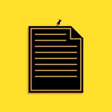 Black Note paper with pinned pushbutton icon isolated on yellow background. Memo Illustrazione stock