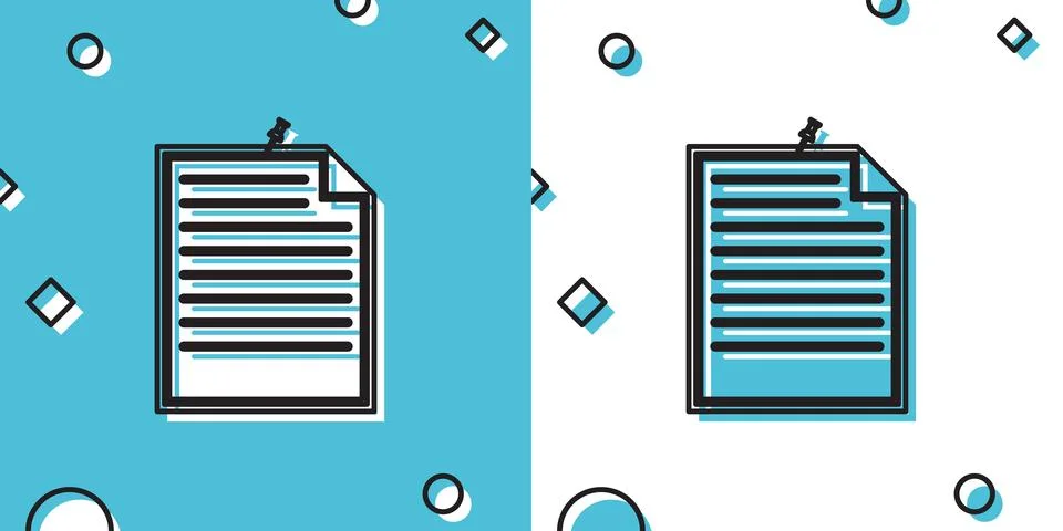 Black Note paper with pinned pushbutton icon isolated on blue and white Stock Illustration