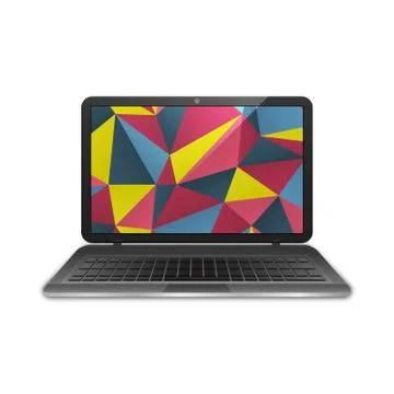 Black notebook with abstract polygonal vector background. Laptop isolated. Stock Illustration