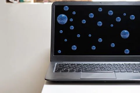 Black notebook and microscope virus close up. Coronavirus concept. Work from Stock Photos