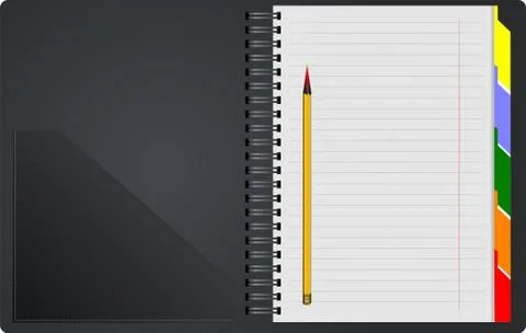 Black Notebook open on white background with orange pensil. Vector illustrati 스톡 일러스트
