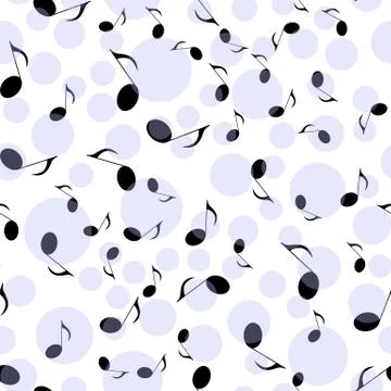 Black notes are scattered over a white background with circles. Stock Illustration