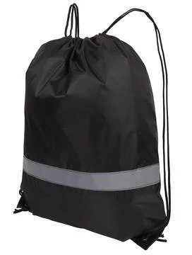 Black nylon drawstring bag with reflective tape, isolated over white Stock Photos