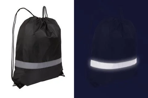 Black nylon drawstring bag with reflective tape Stock Photos