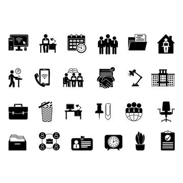 Black Office Icon Set. Vector Icons Computer, Employee, Team, Desk, Office .. Stock Illustration