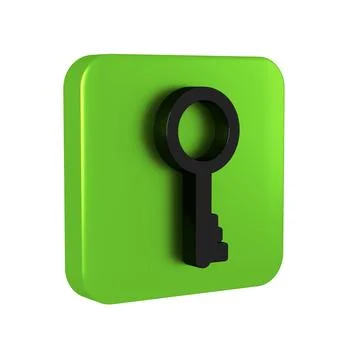Black Old key icon isolated on transparent background. Green square button. Illustrazione stock