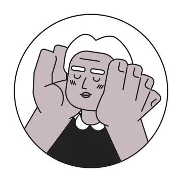 Black old lady hands on cheeks smiling bw 2D vector avatar illustration Stock Illustration