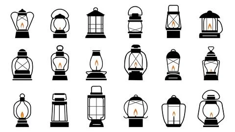 Black old lantern silhouettes. Camp lanterns, decorative holidays traditional Stock Illustration