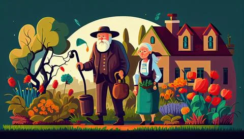 Black old man with briefcase and woman watering flowers in garden Earth Day.. Stock Illustration
