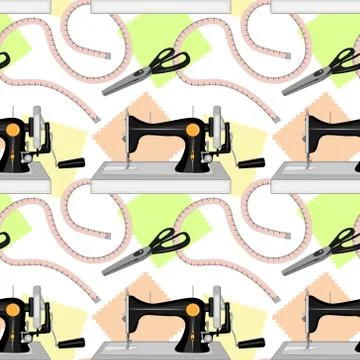 A black old sewing machine, a tailor s centimeter, and tailors large scissors Stock Illustration