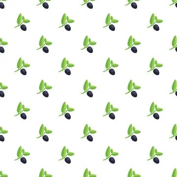 Black olive fruit and green leaves seamless pattern イラスト素材
