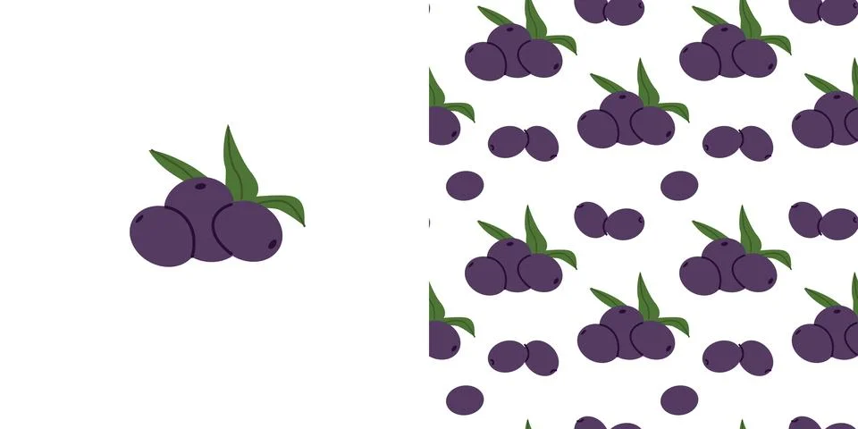 Black olive seamless pattern and composition of fruits with leaves. Stock Illustration