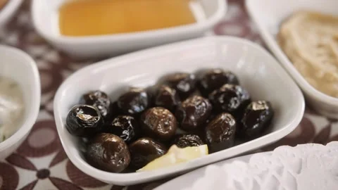 Black olives close-up. Cold appetizer. Healthy meal, vegetarian food. Stock Footage 247491762