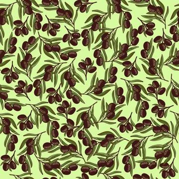 Black olives seamless pattern on green background Stock Illustration