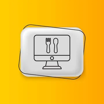 Black Online ordering and fast food delivery icon isolated on yellow backgr.. Illustrazione stock