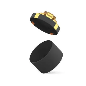 Black open circle gift box with flying lid and luxury golden bow ribbon 3d .. Illustrazione stock