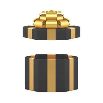 Black open hexagonal gift box with golden luxury bow ribbon male present 3d i Illustrazione stock