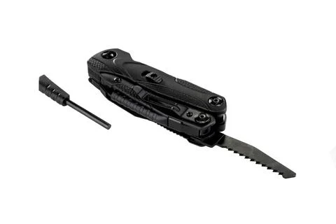 Black open multitool saw with flint and flint isolated on white background Foto stock