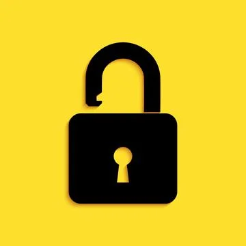 Black Open padlock icon isolated on yellow background. Opened lock sign. Cyber Stock Illustration