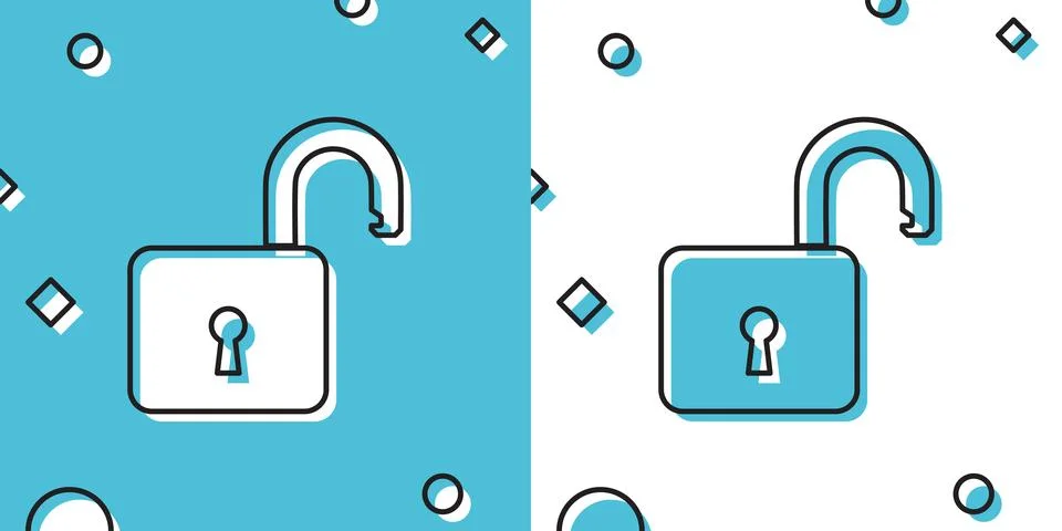 Black Open padlock icon isolated on blue and white background. Opened lock sign Illustrazione stock
