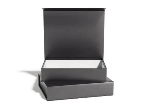 Black opened box on bright floor. 3d rendering Foto stock