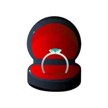 Black Opened Gift Box and Ring with Light Blue Stone, Round Shaped Jewelry Case Stock Illustration