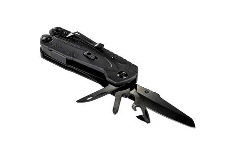 Black opened multitool knife isolated on white background Stock Photos