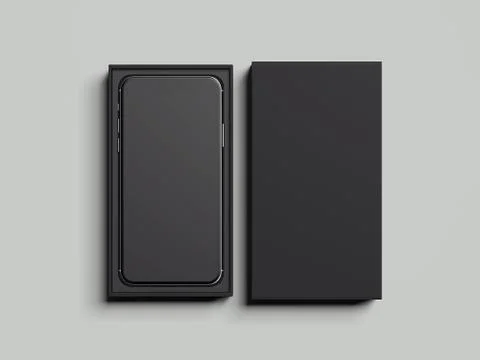 Black opened rectangular box with mobile phone inside, 3d rendering 스톡 일러스트
