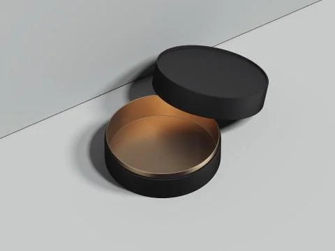 Black opened round box stands on grey floor. 3d rendering イラスト素材