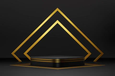 Black or grey podium stage with golden arch, 3d Stock Illustration