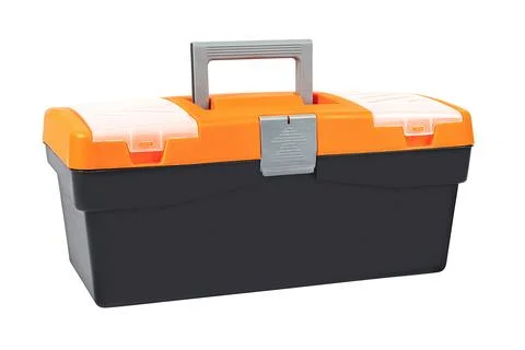 The black orange, plastic tool box. Isolated organizer. Stock Photos