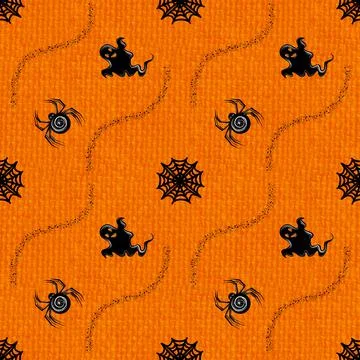Black on orange seamless pattern with ghost and spider Stock Illustration