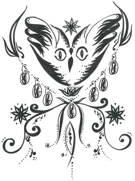 Black oriental pattern depicting an owl flying with a necklace of shells 스톡 일러스트