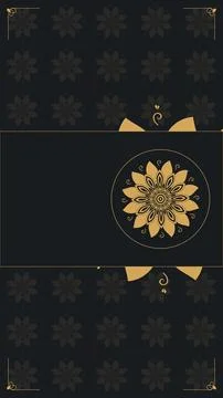 A black ornamental background features subtle repeating flowers, gold corne.. 库存插图