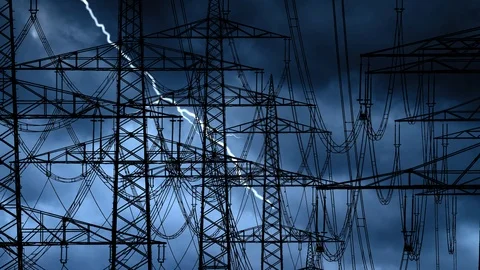 Black-out Concept: High Voltage Electric Line with Thunderstorm and Lightning Stock Footage 122368291