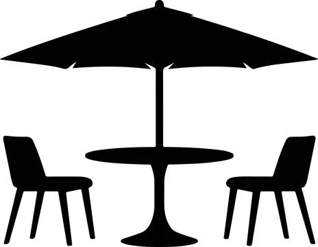 Black outdoor table with two chairs under large patio umbrella Stock Illustration