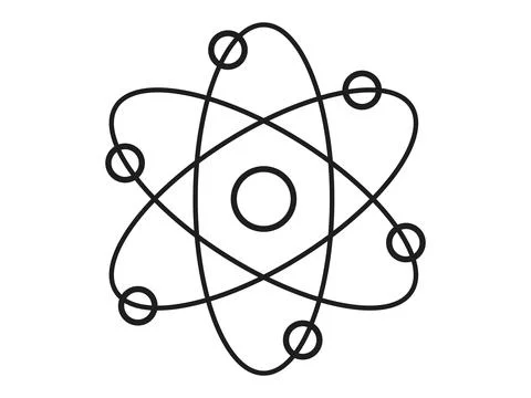 Black outline of an atom with orbiting electrons isolated on white background Stock Illustration