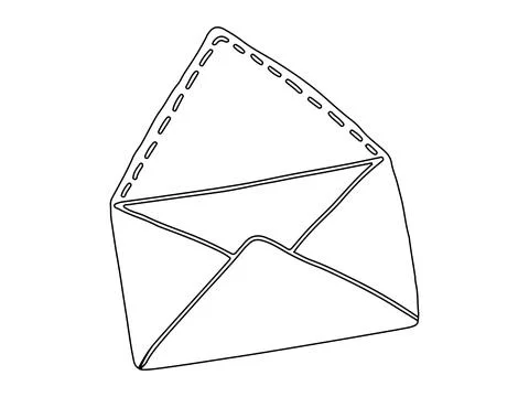 Black Outline Drawing of Open Envelope isolated on white background. Concept  Stock Illustration